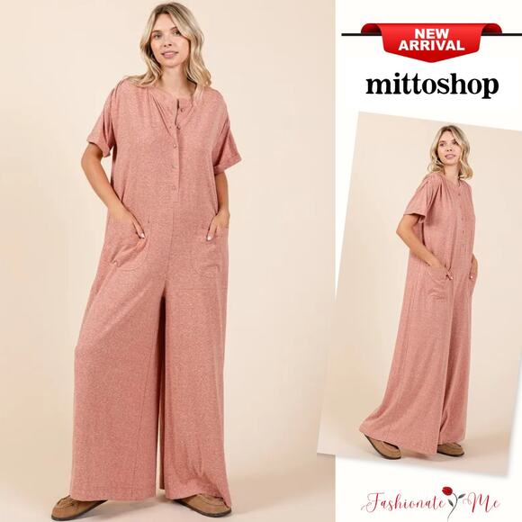 Mittoshop Button Detail Short Sleeves Relaxed Fit Wide Leg Jumpsuit | Ginger - Picture 1 of 6